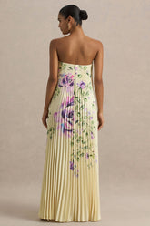 Bergamot | Lemon Rose Print Satin Sweetheart Maxi Dress